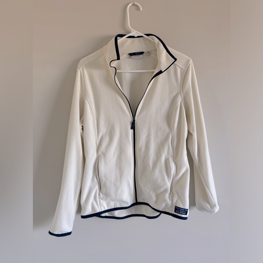 L.L. Bean White Fleece Jacket with Navy Trim